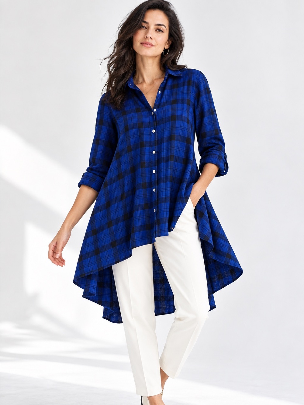 Unknown Union Blue Plaid Asymmetric Hi Low Cotton Flannel Tunic Top M